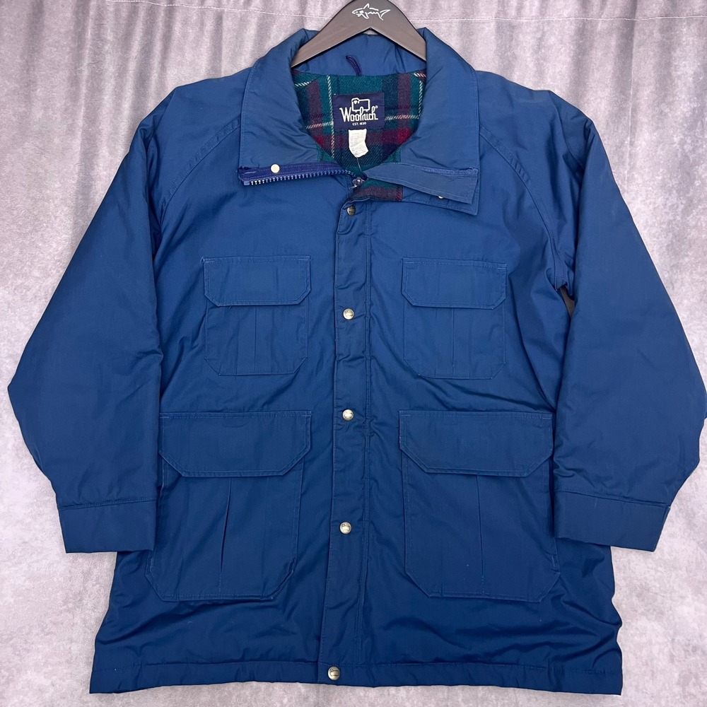 Woolrich Field Jacket Mens Large Blue Excellent Plaid Lined Utility Barn Coat